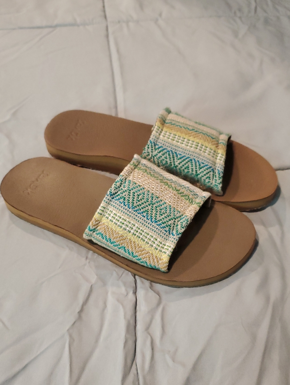 Sanuk Lola ArtesanComfort Slide Sandals with Teal and Beige Woven Strap Size 8